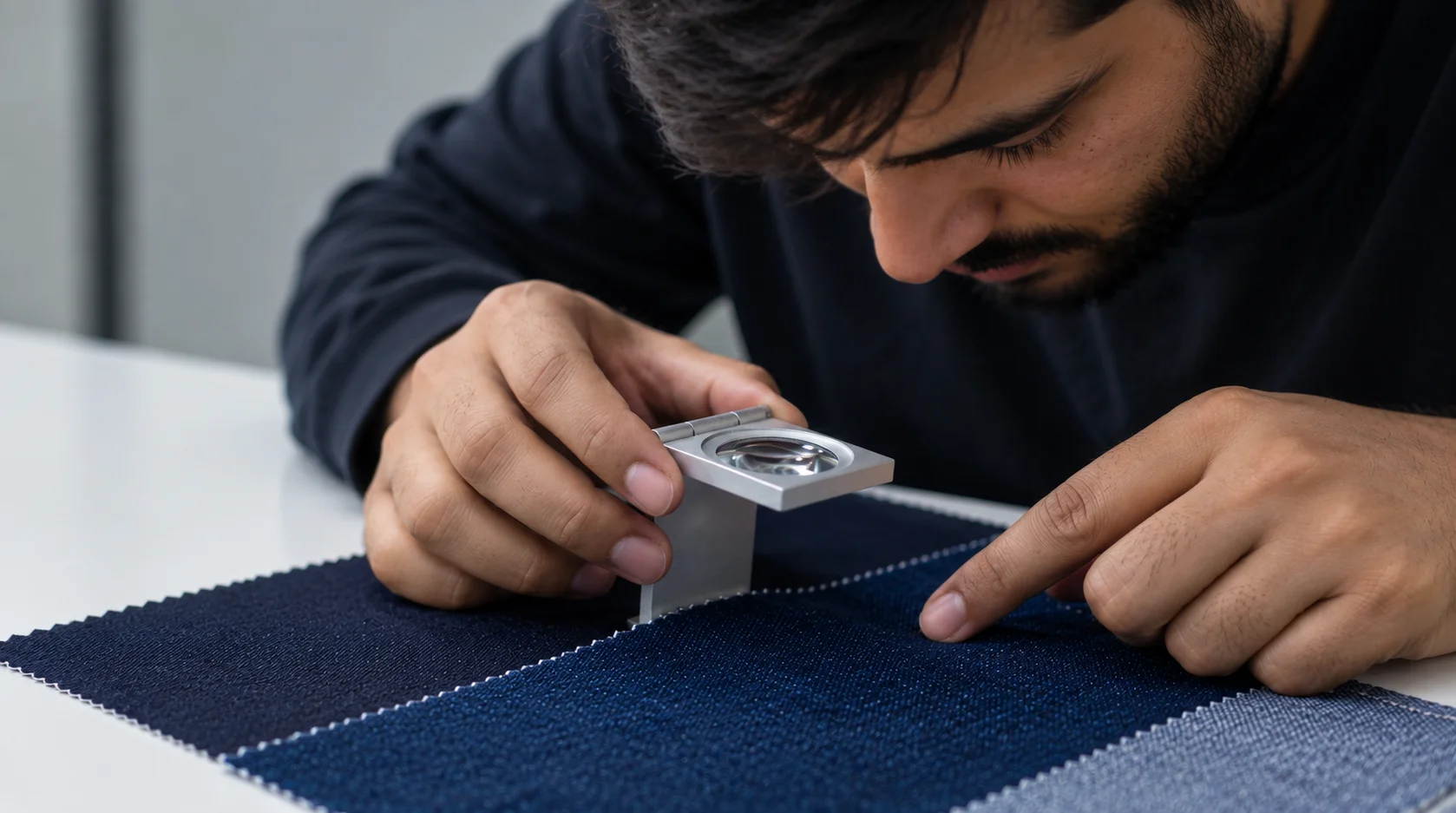 Inspecting denim with a loupe