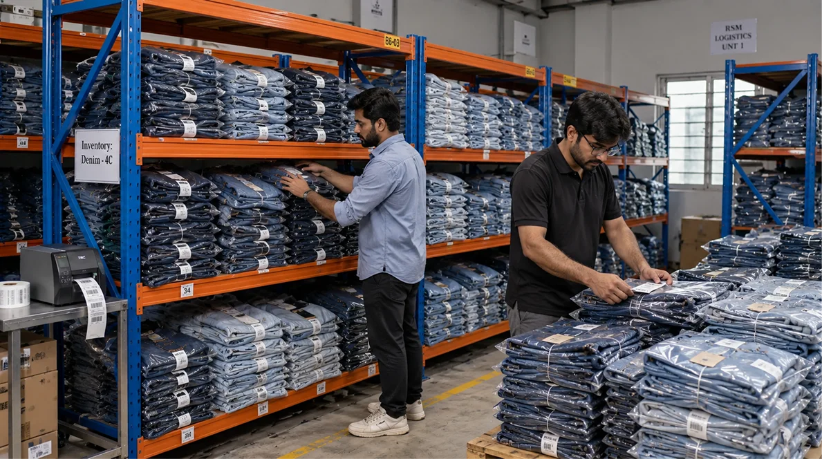 Packed denim staged in the logistics unit