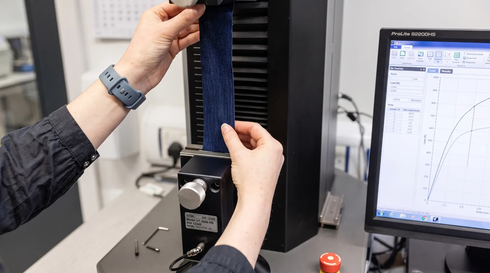 Tensile testing a denim strip in the lab